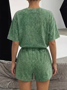 Washed 2pcs Set Women's Regular Short-Sleeve Top Elastic Waist Drawstring Shorts Vintage Street Style Casual Loungewear Summer - Product Image 2