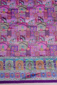 Tela de viscosa pura jacquard con estampado étnico de paisajes en rosa lavanda y borde ornamental para material de vestido Kurti de diseñador. - Product Image 3