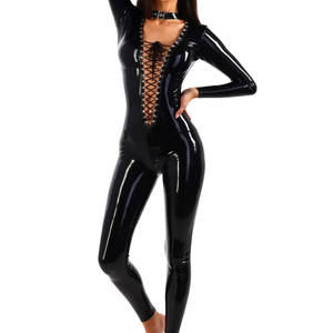 Mono largo de mujer negro con revestimiento de PU, de manga larga, cintura alta, ajustado, estilo clubwear con detalle de cordones tipo corsé - Product Image 2