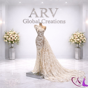 Vestido de Novia de Encaje Color Marfil de Lujo |   Vestido de novia de diseñador con un solo hombro y cola |   Elegante Vestido de Novia Estilo Sirena, Corte Ajustado, Alta Costura - Product Image 4