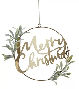 Luxury Metal Merry Christmas Hanging <b>Wreath</b> Wall Decor with Artificial Green Leaves Festive Holiday Door Decoration - Product Image 1