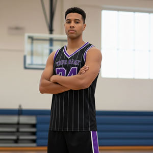Custom Sublimated Men's Basketball Jersey Sleeveless Black <b>Purple</b> Striped Moisture Wicking Athletic Fit - Product Image 1