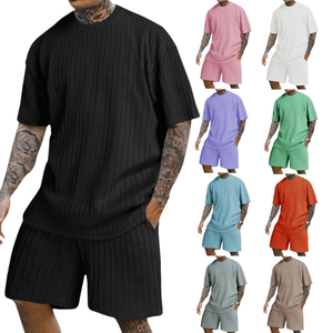 New Fashion Summer Men's Casual 2-Piece <b>Knitted</b> 300gram Solid Pattern Quick Dry Breathable T-Shirt and Shorts <b>Set</b> - Product Image 6