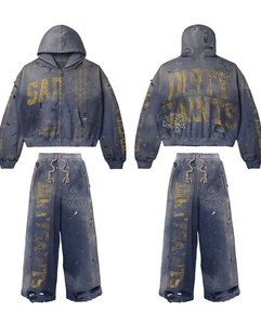 Custom Men Winter Casual 100% Cotton Breathable Acid Wash Print Rhinestone Cropped Hoodie and Flared Sweatpants Tracksuit <b>Set</b> - Product Image 1