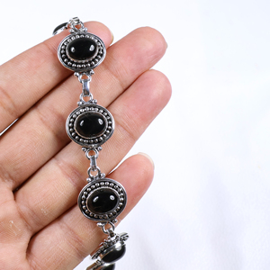 Pulsera de Plata de Ley con Baño de Plata, Estilo Vintage, con Piedra Ovalada de Ónix Negro, Cierre de Palanca, Joyería de Moda Étnica Bohemia para Mujer - Product Image 2