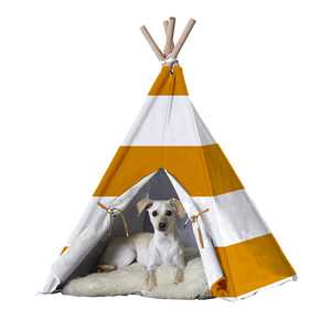 Tente tipi pour chien en tissu Oxford rayé avec lit en fausse fourrure, maison pliable pour animaux de compagnie d'intérieur pour chiens, toutes saisons, style minimaliste - Product Image 1