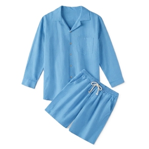 Ensemble de vêtements de nuit en lin pour homme, chemise de pyjama à manches longues boutonnée et short à cordon de serrage, respirant, décontracté, vêtements de maison - Product Image 5