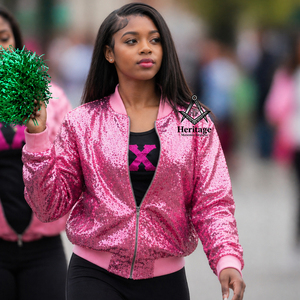 Veste universitaire maçonnique pour femme, style régalia, à sequins, rose scintillant, type bomber, à manches longues, avec fermeture éclair, vêtement grec - Product Image 3