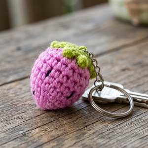 Porte-clés fraise au crochet fait main, breloque de sac amigurumi tricotée en forme de baie rose, pendentif de sac à dos, objet d'art pur, porte-clés artisanal - Product Image 5