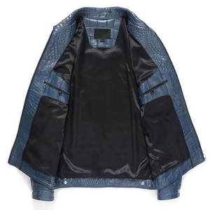 Blouson Bomber Homme en Cuir Véritable Bleu Gaufré à Motifs, Col Rabattu, Fermeture Éclair, Respirant et Écologique - Product Image 2