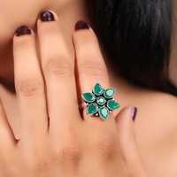 Anillo de Plata 925 Chapado en Oro con Ónix Verde en Forma de Pera y Engaste de Bisel, Diseño Floral, Hecho a Mano, para Fiesta, Estilo Vintage, para Mujer, Venta al por Mayor