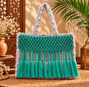 Handmade Knotted Tote <b>Bag</b> with Brown <b>Fringe</b> Tassels, Bohemian Woven Cotton Handbag for Women, Casual Beach Shopper <b>Bag</b> - Product Image 3