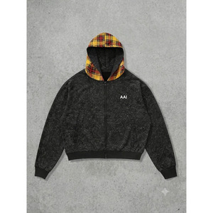 Sudaderas con capucha de lujo de algodón 100% de alto gramaje con lavado ácido, personalizadas, extragrandes, con capucha a cuadros y cremallera, estilo streetwear, venta al por mayor, ropa con MOQ bajo - Product Image 1