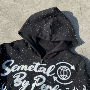 Sweats à capuche streetwear effet vieilli pour hommes, avec strass et designs personnalisés, en molleton 100% coton délavé à l'acide, style pull-over de survêtement - Product Image 3