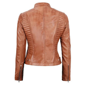 Custom Women's Slim Fit Cognac Brown Genuine Lambskin Leather <b>Jacket</b> Quilted Biker Style Cafe Racer Ladies <b>Jacket</b> - Product Image 2