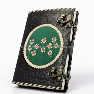 Atlasease Handmade Hand Painted Black Leather Journal Colorful Flower Art Vintage Customizable Notebook Dual Metal <b>Lock</b> Cord - Product Image 1