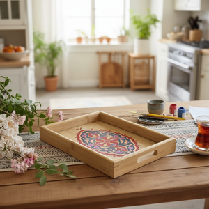 Plateau de service en bois artisanal moderne, plateau rustique pour le petit-déjeuner, décoration de table de cuisine - Product Image 3