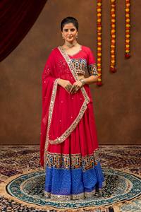 <b>Red</b> Blue Embroidered Floor-Length Loose Fit Quick Dry <b>Lehenga</b> Choli Set Cotton Net Unstitched Festival Indian Outfit for Women - Product Image 4