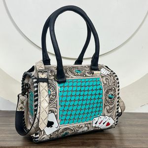 Western Hand Tooled Genuine Leather Speedy Duffle <b>Bag</b> With Turquoise Inlay Floral Carving & Card <b>Design</b> Shoulder <b>Bag</b> for Women's - Product Image 5