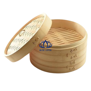 Panier vapeur en bambou artisanal de haute qualité à 2 niveaux avec couvercle en acier inoxydable intégré au verre, compatible gaz et induction, pour cuisson vapeur bio - Product Image 1