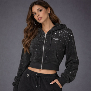 Trendy Woman's <b>Black</b> All Over Rhinestone Hoodie <b>Sparkly</b> Crystal Bling Crop <b>Top</b> Streetwear Hoodies Oversize Custom Logo OEM USA - Product Image 4