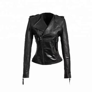 Veste de moto en cuir de vache pour femme, coupe-vent, manches longues, col rabattable, fermeture éclair, couleur unie, longueur normale, style hiver - Product Image 2