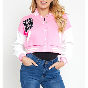 Veste de sport rose avec manches blanches, lettre B brodée, fermeture à boutons, longueur courte, vêtement d'automne - Product Image 1
