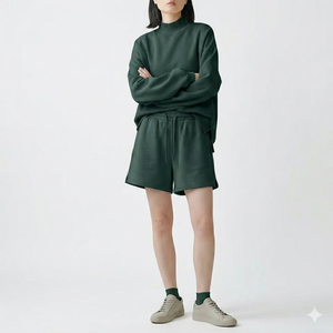 Conjunto de Top de Cuello Alto y Pantalones Cortos para Mujer, Cálido, Cómodo, Informal, para Uso Diario, Estilo Contemporáneo - Product Image 1