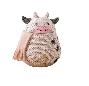 Handwoven Water Hyacinth Cow <b>Basket</b> Animal Shaped Toy Storage Hamper <b>with</b> Removable <b>Lid</b> for Nursery Decor - Product Image 3
