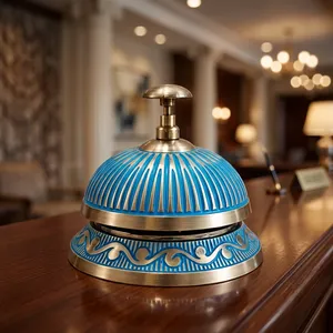 Campana de Servicio de Latón Azul Turquesa y Plateado, Campana de Recepción de Metal Ornamentada con Diseño Decorativo Grabado - Product Image 5