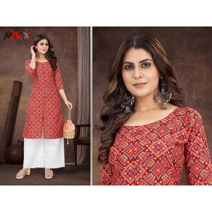 DESIGNER HEAVY COTTON PATOLA IMPRIMÉ TRAVAIL KURTI AVEC PALAZZO ROUGE - Product Image 1