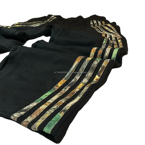 กางเกงสเวตเตอร์เอวสูงสำหรับผู้ชาย, กางเกงสเวตเตอร์ผ้าฝ้ายทรงหลวมมีแถบด้านข้างพิมพ์ลายไม่ยับย่นย้อมธรรมดา - Product Image 2