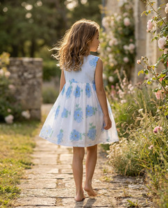 Vestido de Algodón Estampado Floral Azul para Niñas, con Base Blanca, Sin Mangas, para Fiestas de Verano, para Compradores de Boutiques - Product Image 5
