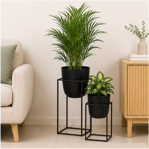 Juego de 2 Macetas Metálicas Modernas con Soporte Alto, Macetas Minimalistas de Hierro Negro Mate para Sala de Estar Interior de Lujo - Product Image 6