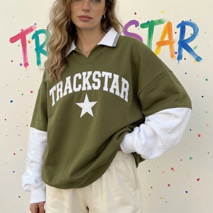 Sweat-shirt à col vert olive imprimé Trackstar, respirant, long, surdimensionné, unisexe, en molleton épais, streetwear - Product Image 1