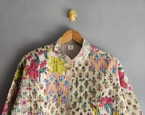 Floral <b>Quilted</b> Jacket Women's Mandarin Collar Cotton Full Sleeve Spring Patch Pocket <b>Single</b> Button XL gift for her - Product Image 4