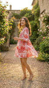 Vestido Mini de Gasa con Estampado Floral, Cuello en V, Corte Holgado, Manga con Volantes, Vestido Casual de Verano para Mujer, Hermoso Estampado, Cómodo - Product Image 3