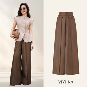 Pantalon de bureau décontracté élégant marron taille haute coupe droite pour femme avec poches à rabat en polyester peigné infroissable - Product Image 1