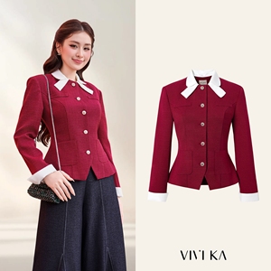 เสื้อเบลเซอร์สีแดงสำหรับผู้หญิง แขนยาว ปกปีเตอร์แพนถอดได้ กระดุมแถวเดียว ตกแต่งด้วยกระดุม สไตล์ออฟฟิศ KIVRA - Product Image 1