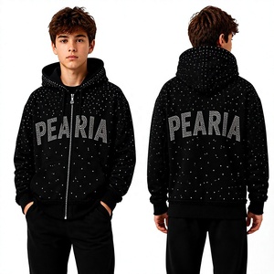 Sweat à capuche zippé noir à strass imprimé numériquement, 100 % coton molletonné respirant, coupe classique, streetwear d'hiver pour homme - Product Image 5