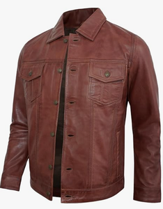 Premium Wholesale Real Lambskin Leather <b>Jacket</b> for Men Vintage <b>Trucker</b> Style Polo Collar Custom Manufacturer - Product Image 3
