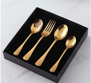 Elegant <b>Gold</b> Flatware Set With <b>Black</b> Damask Design Rust Resistant Metal <b>Cutlery</b> For Wedding Table Settings - Product Image 6