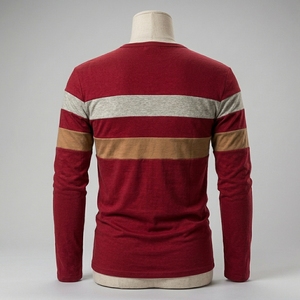 Mens Wine Red Henley Shirt Long Sleeve Color Block T Shirts Fashion Striped Cut Sew Cotton Knit Casual Pullover Tee Shirts Slim - Product Image 6