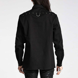 <b>Men's</b> Gothic D-Rings Long Sleeve Shirt Black Twill Denim <b>Studded</b> Shoulder Webbing Buttons Rock Party Top - Product Image 3