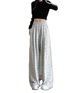 Pantalon taille haute à jambes larges pour femmes, motif à pois, coupe ample, longueur complète, taille élastique, style décontracté, vêtements d'automne - Product Image 1