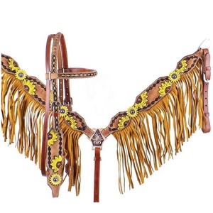 Ensemble d'équipement équestre en cuir de vachette naturel souple de qualité supérieure avec franges tournesol, selle western légère et collier de poitrine durable - Product Image 1