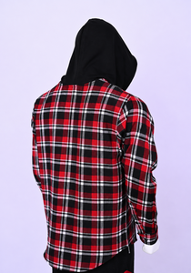 Wholesale Custom Men's Red Black Plaid Hooded <b>Flannel</b> Shirt <b>Jacket</b> Snap Button Casual Streetwear Shacket - Product Image 5