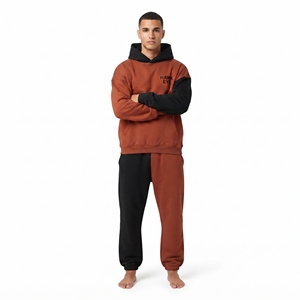 Survêtement personnalisé pour homme en molleton de coton bicolore, sweat à capuche oversize à épaules tombantes, pantalon de jogging coupe décontractée, blocs de couleur contrastés - Product Image 2