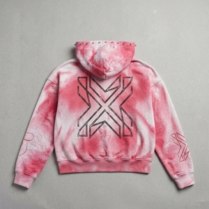 Sudadera con capucha unisex rosa tie-dye con cremallera, con púas y pedrería en las mangas, estilo crop, chaqueta de felpa de estilo urbano, con logo personalizado, oversize, a la moda. - Product Image 3
