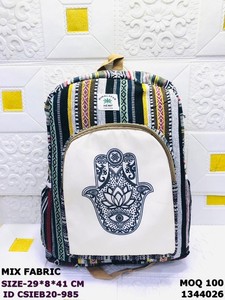 Himalayan Hemp <b>Canvas</b> Mix Fabric Backpack with Hamsa Hand Design Chains 29x8x41 Cm Casual Daily Use Zipper Closure - Product Image 1